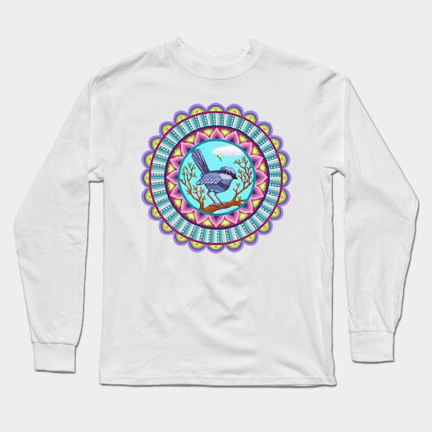 Australian Blue Wren Mandala Long Sleeve T-Shirt by SoozieWray